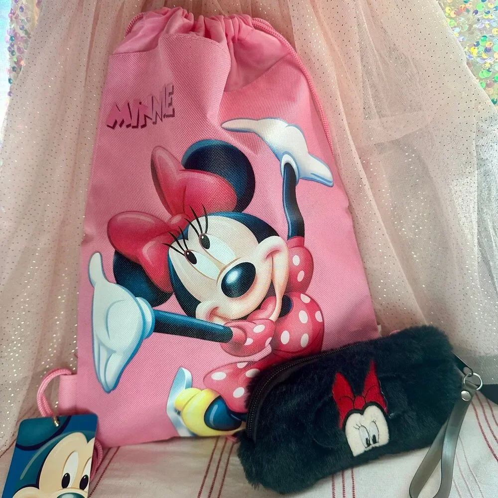 Disney Minnie Mouse Drawstring Backpack - Pink Drawstring Bag NWT and Wristlet